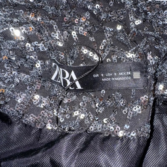 Zara Black Silver Gunmetal Metallic Sequin Blazer Size S Trinny Woodall - Picture 10 of 13